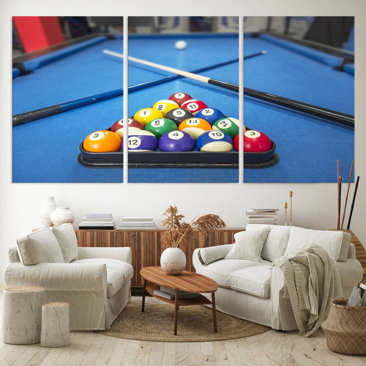 Billiard balls rack with crossed cues, ideal for large canvas wall art: Pool Games Canvas Print.