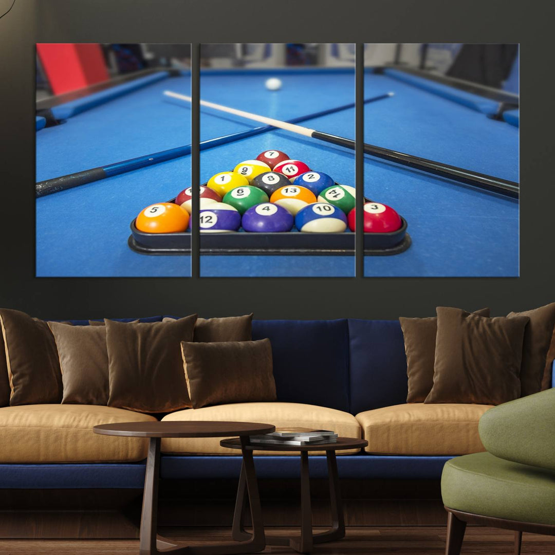 Billiard balls rack with crossed cues, ideal for large canvas wall art: Pool Games Canvas Print.