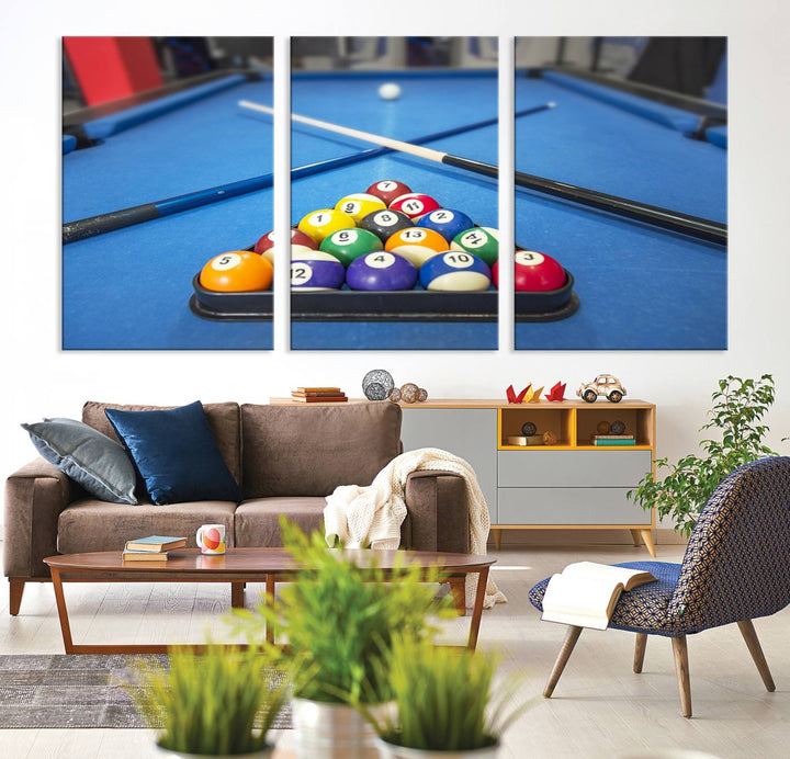 Billiard balls rack with crossed cues, ideal for large canvas wall art: Pool Games Canvas Print.