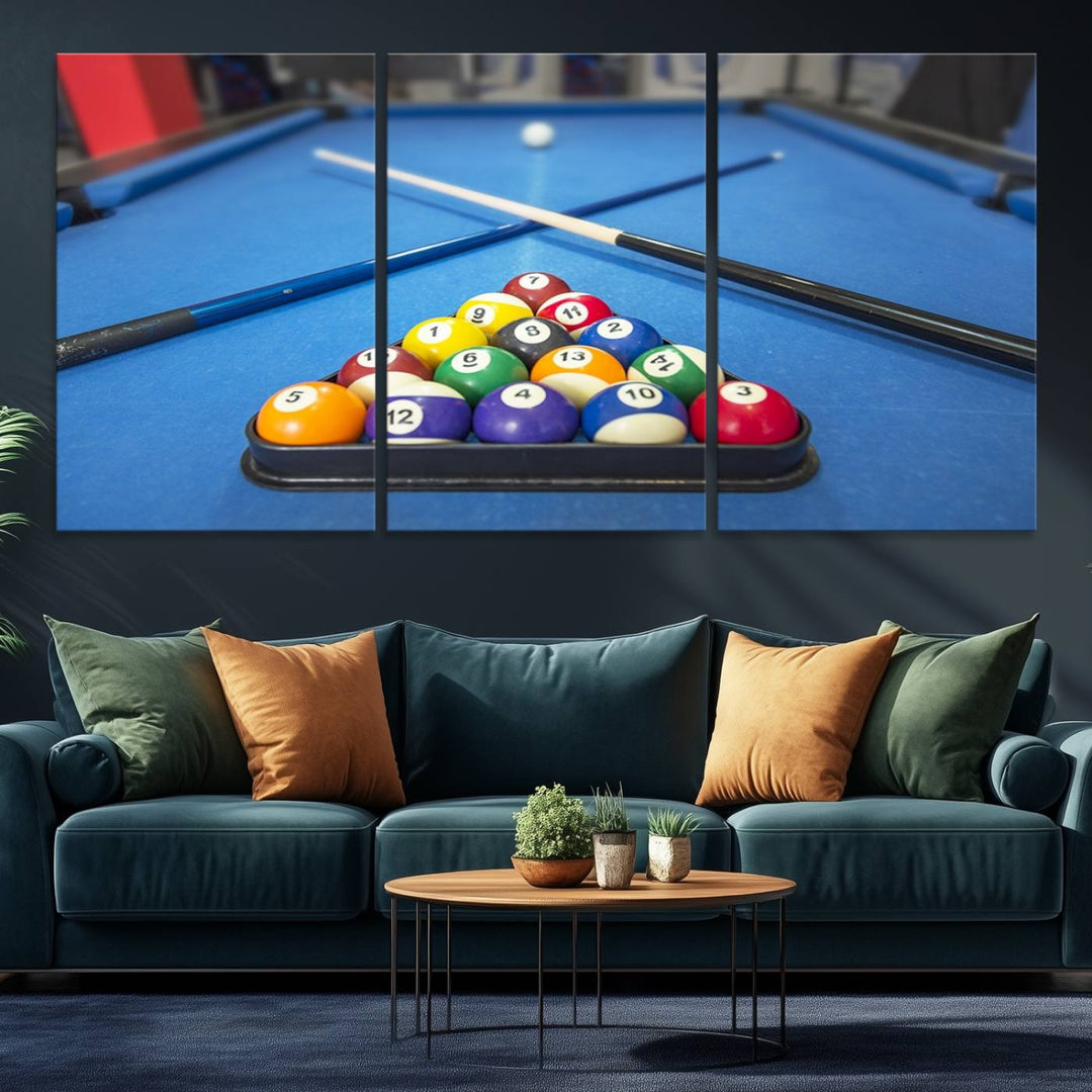 Billiard balls rack with crossed cues, ideal for large canvas wall art: Pool Games Canvas Print.