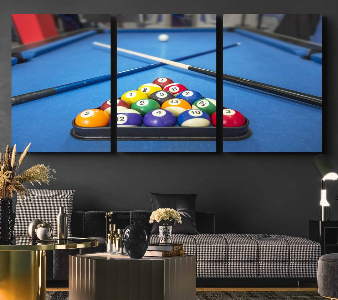 Billiard balls rack with crossed cues, ideal for large canvas wall art: Pool Games Canvas Print.