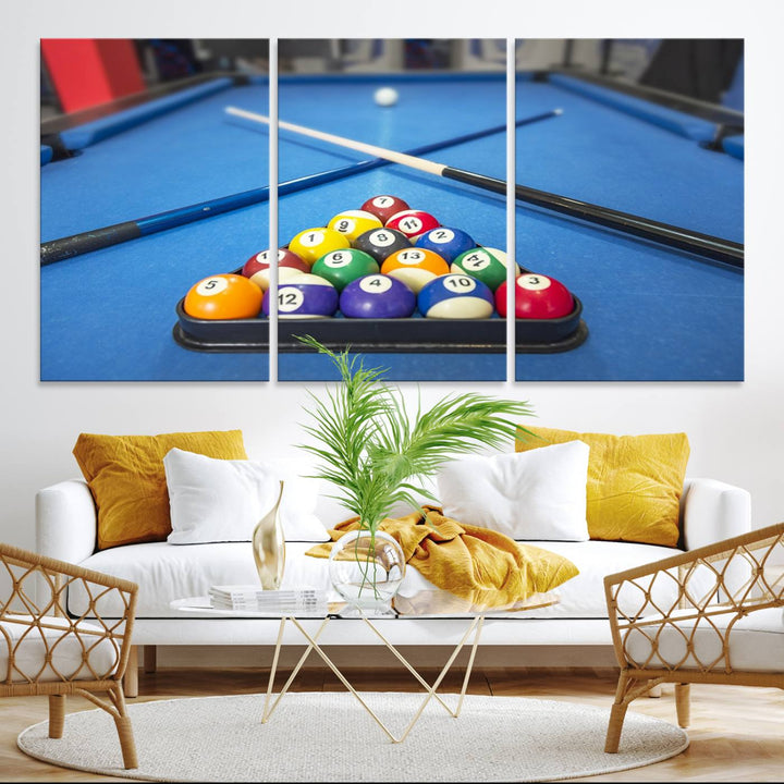 Billiard balls rack with crossed cues, ideal for large canvas wall art: Pool Games Canvas Print.