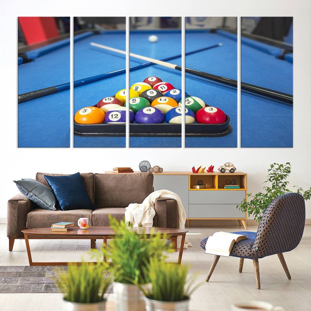 Billiard balls rack with crossed cues, ideal for large canvas wall art: Pool Games Canvas Print.