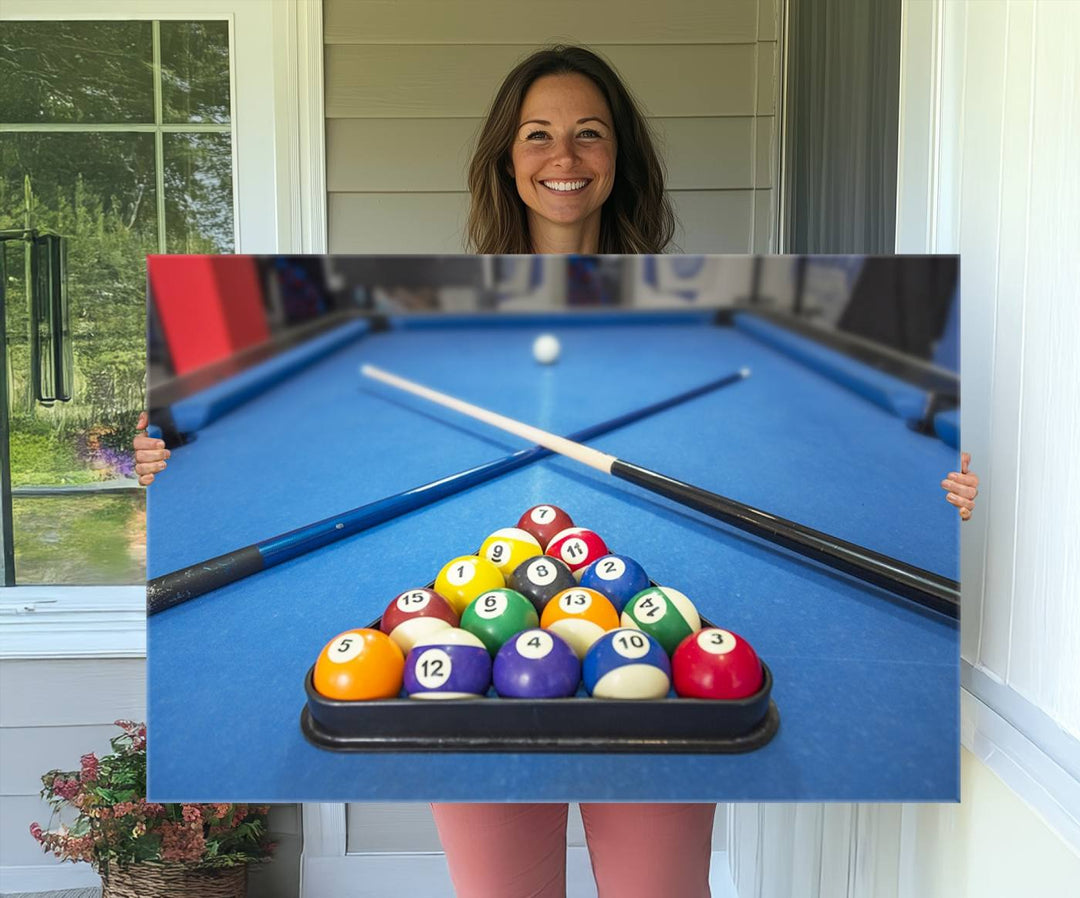 Billiard balls rack with crossed cues, ideal for large canvas wall art: Pool Games Canvas Print.