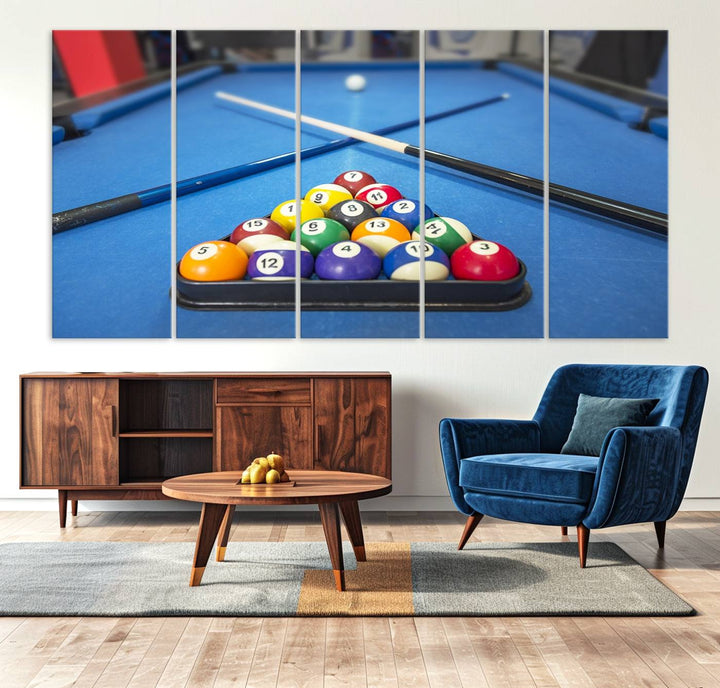 Billiard balls rack with crossed cues, ideal for large canvas wall art: Pool Games Canvas Print.