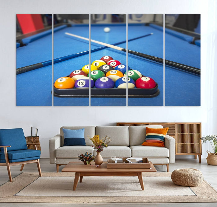 Billiard balls rack with crossed cues, ideal for large canvas wall art: Pool Games Canvas Print.