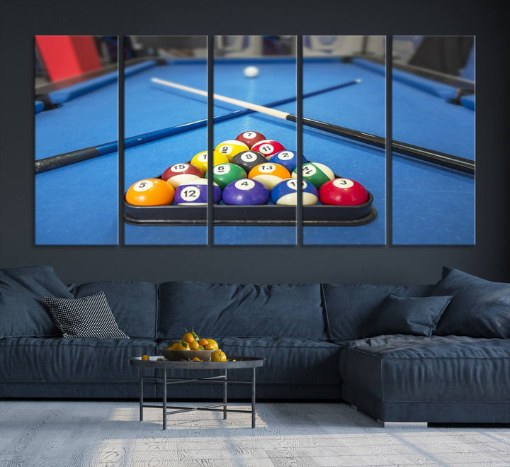 Billiard balls rack with crossed cues, ideal for large canvas wall art: Pool Games Canvas Print.