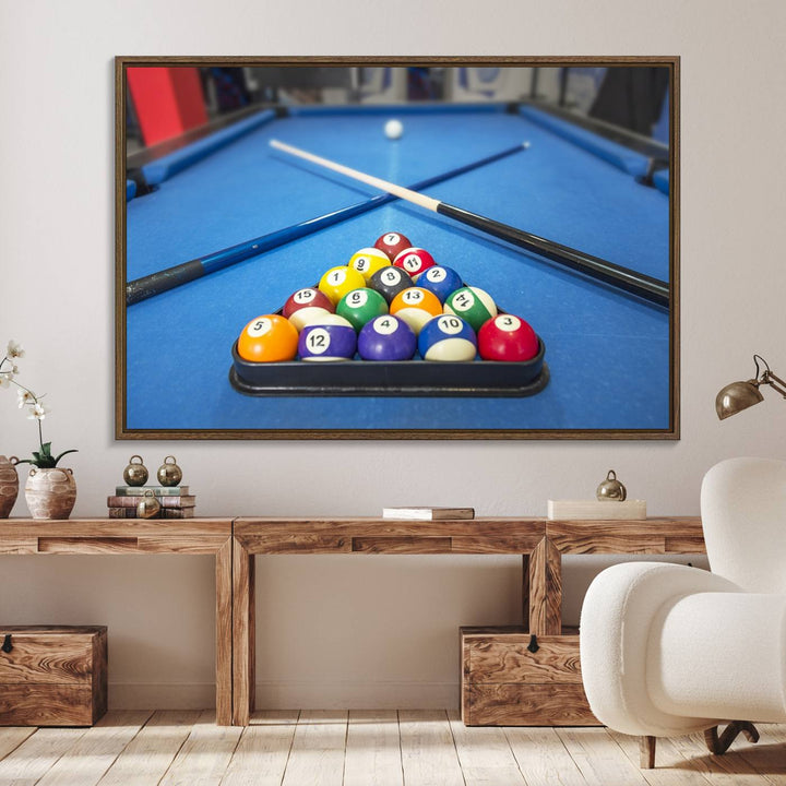 Billiard balls rack with crossed cues, ideal for large canvas wall art: Pool Games Canvas Print.