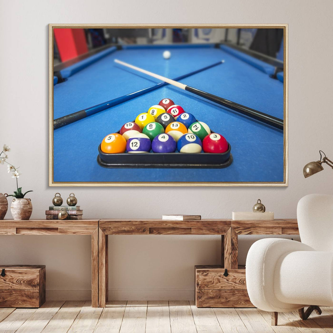 Billiard balls rack with crossed cues, ideal for large canvas wall art: Pool Games Canvas Print.