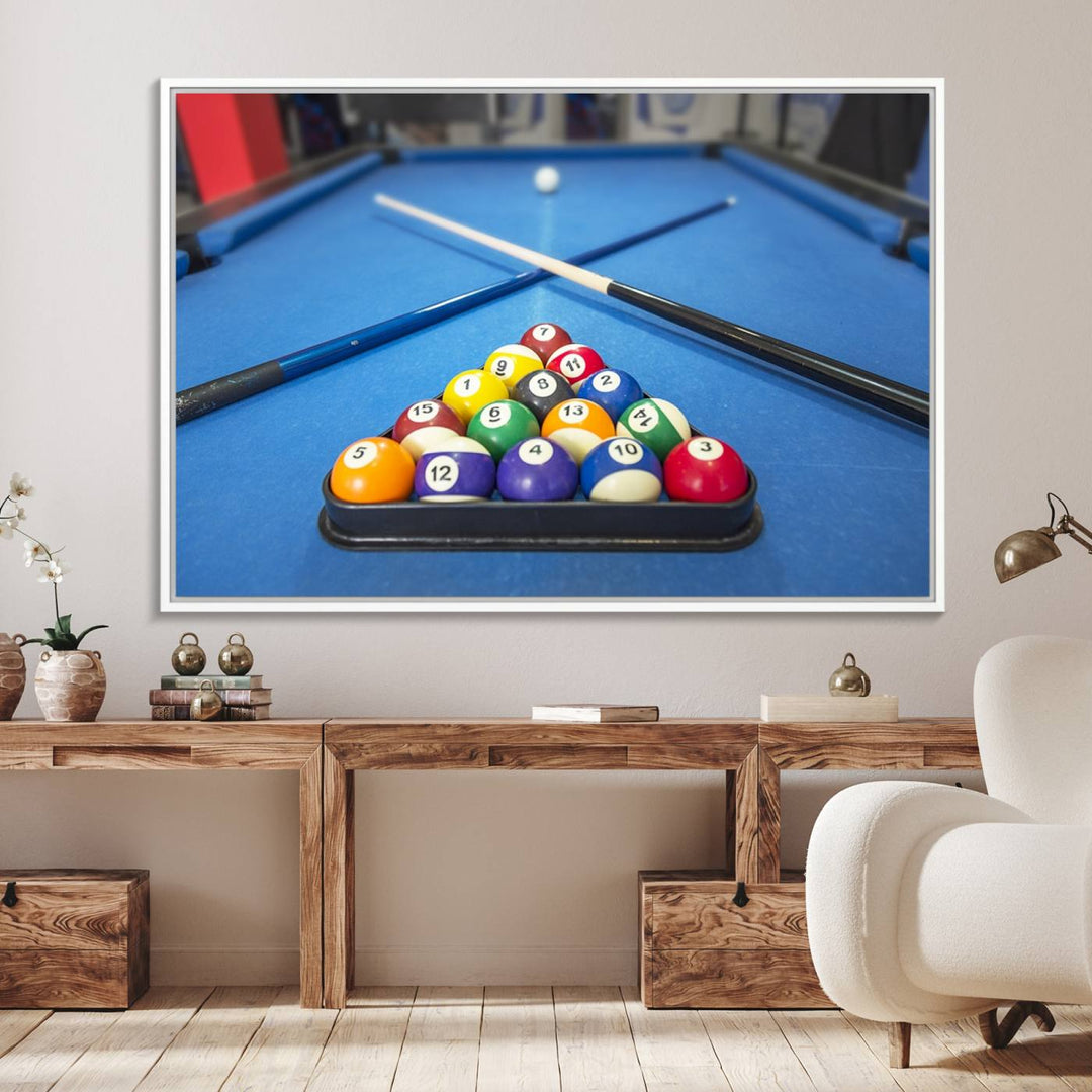 Billiard balls rack with crossed cues, ideal for large canvas wall art: Pool Games Canvas Print.