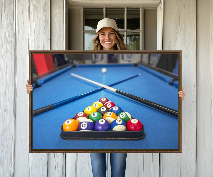 Billiard balls rack with crossed cues, ideal for large canvas wall art: Pool Games Canvas Print.