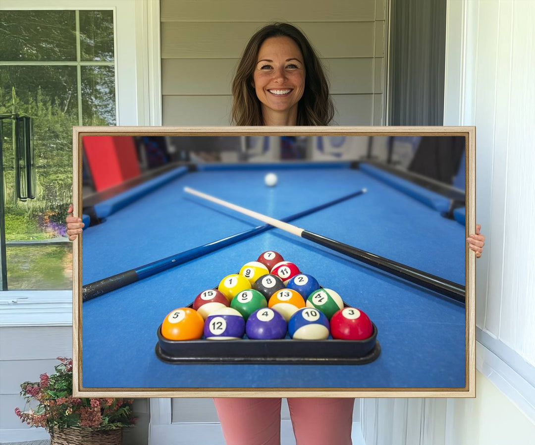 Billiard balls rack with crossed cues, ideal for large canvas wall art: Pool Games Canvas Print.