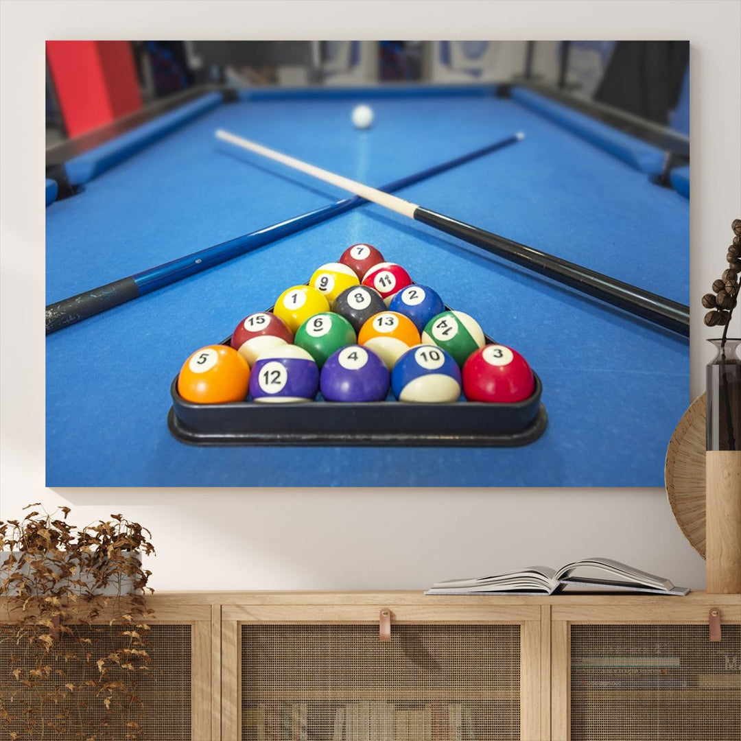 Billiard balls rack with crossed cues, ideal for large canvas wall art: Pool Games Canvas Print.