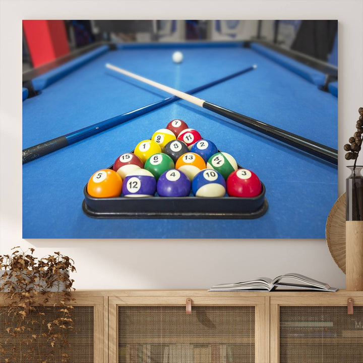 Billiard balls rack with crossed cues, ideal for large canvas wall art: Pool Games Canvas Print.