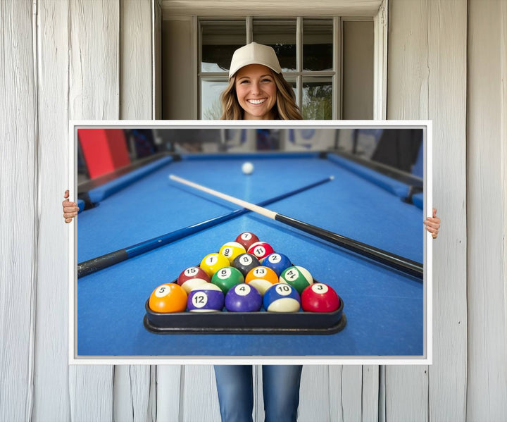 Billiard balls rack with crossed cues, ideal for large canvas wall art: Pool Games Canvas Print.