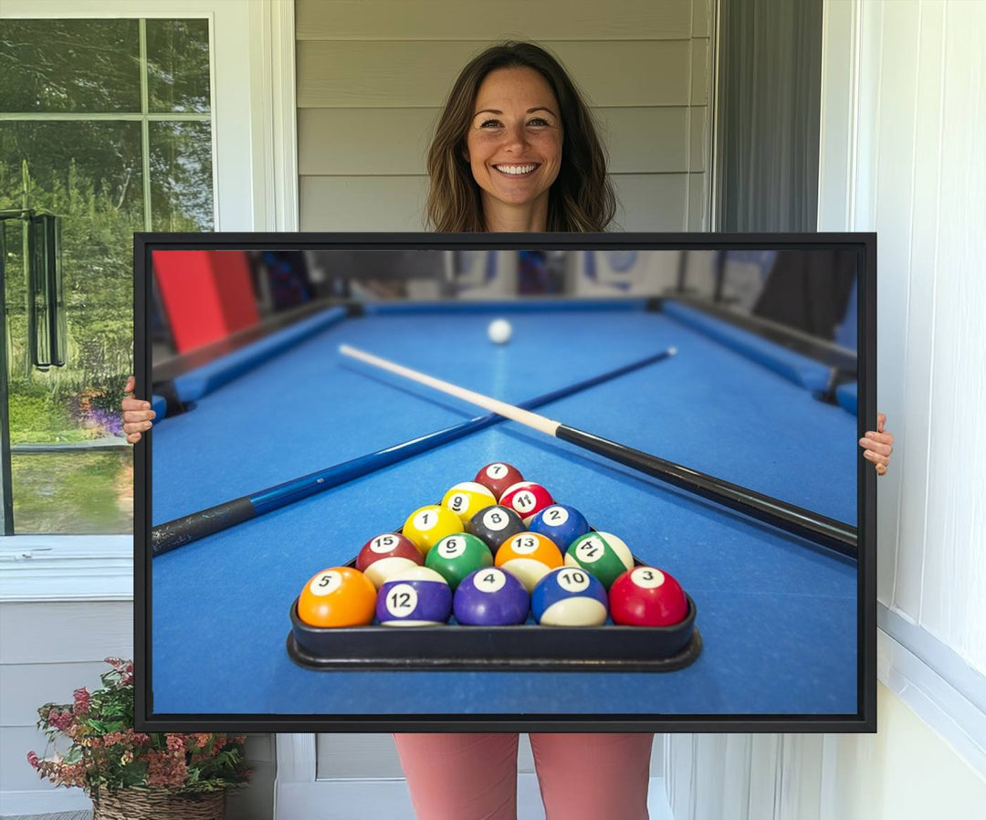 Billiard balls rack with crossed cues, ideal for large canvas wall art: Pool Games Canvas Print.