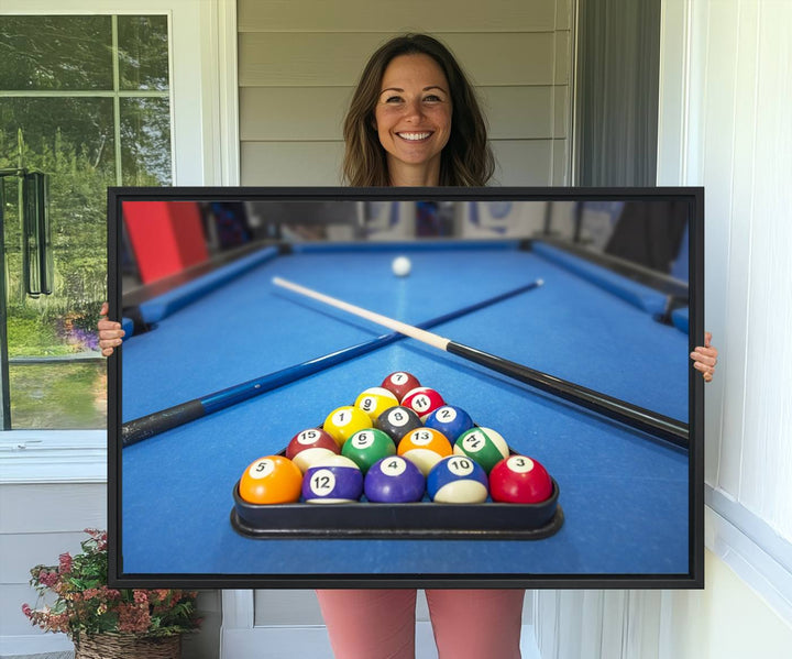 Billiard balls rack with crossed cues, ideal for large canvas wall art: Pool Games Canvas Print.