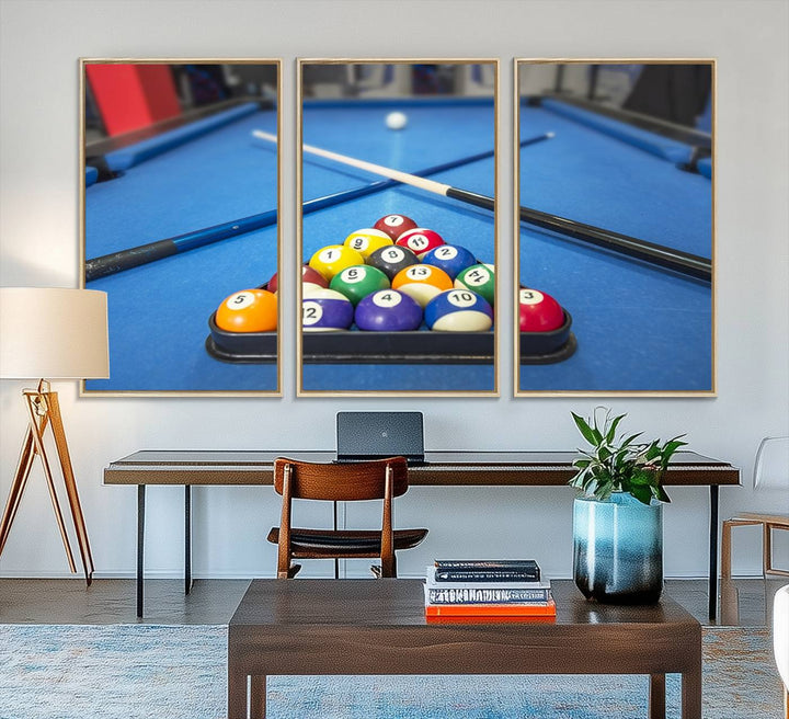 Billiard balls rack with crossed cues, ideal for large canvas wall art: Pool Games Canvas Print.