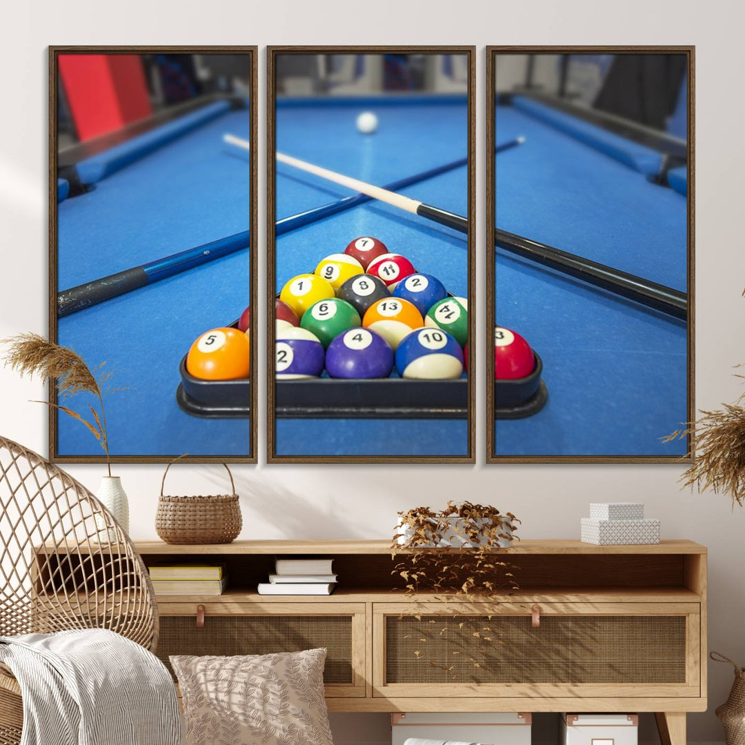 Billiard balls rack with crossed cues, ideal for large canvas wall art: Pool Games Canvas Print.