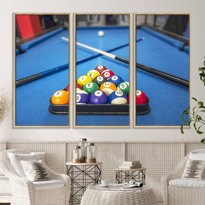 Billiard balls rack with crossed cues, ideal for large canvas wall art: Pool Games Canvas Print.