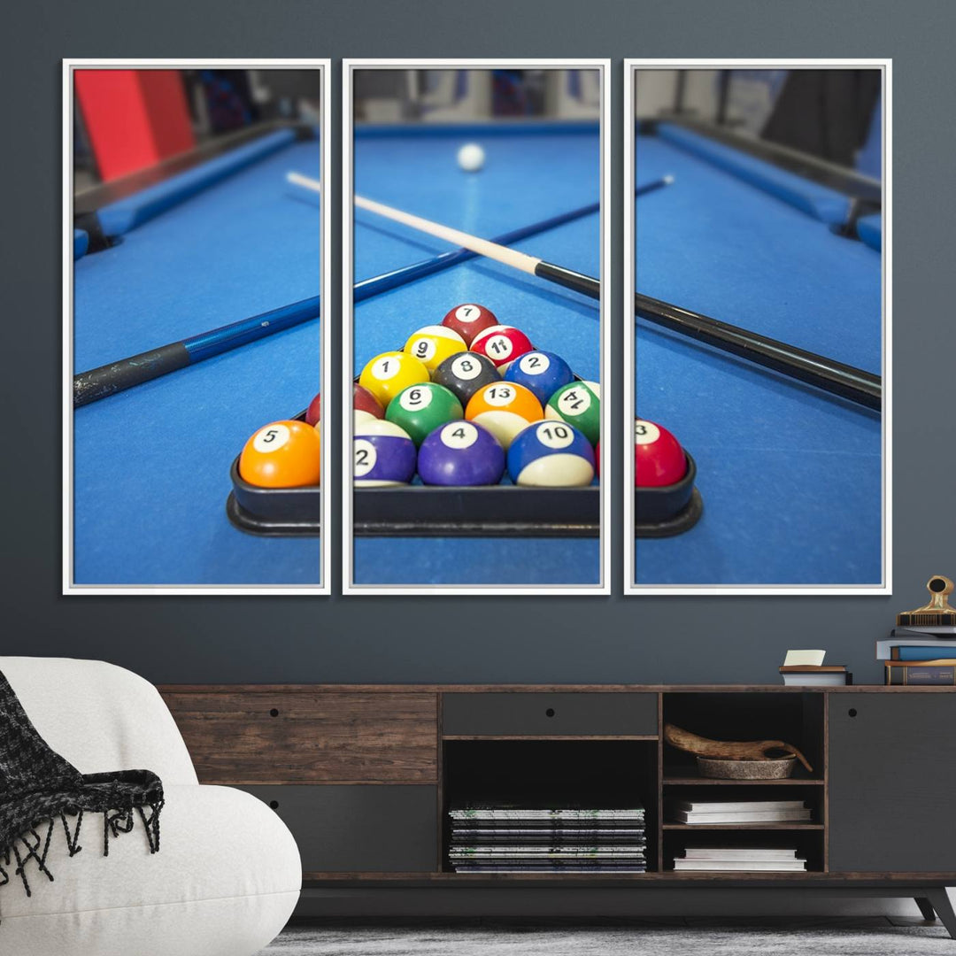 Billiard balls rack with crossed cues, ideal for large canvas wall art: Pool Games Canvas Print.