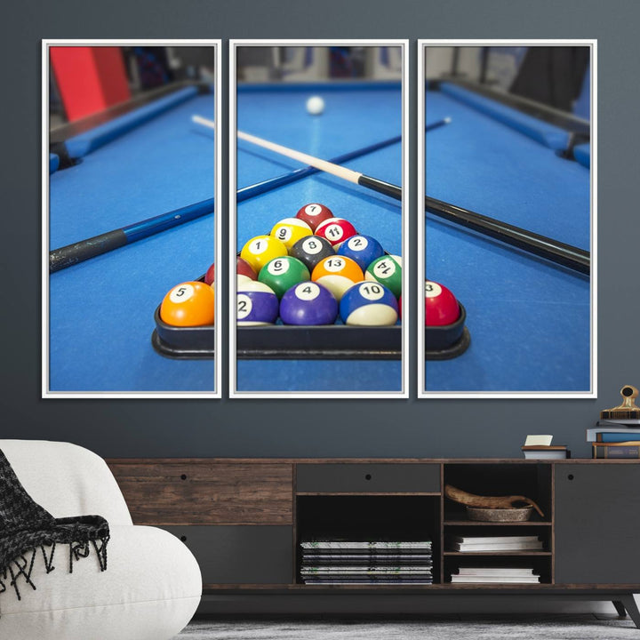 Billiard balls rack with crossed cues, ideal for large canvas wall art: Pool Games Canvas Print.