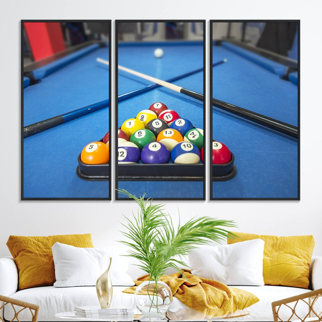 Billiard balls rack with crossed cues, ideal for large canvas wall art: Pool Games Canvas Print.