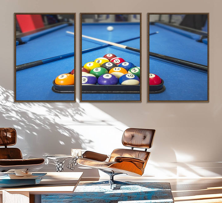 Billiard balls rack with crossed cues, ideal for large canvas wall art: Pool Games Canvas Print.