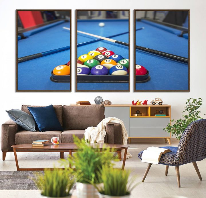 Billiard balls rack with crossed cues, ideal for large canvas wall art: Pool Games Canvas Print.