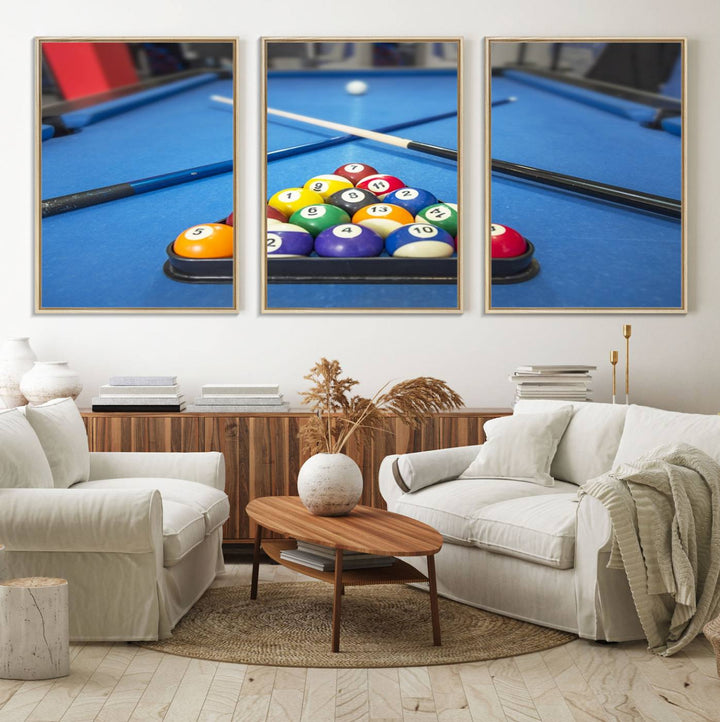 Billiard balls rack with crossed cues, ideal for large canvas wall art: Pool Games Canvas Print.