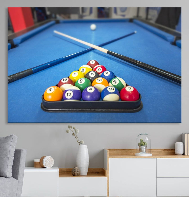 Billiard balls rack with crossed cues, ideal for large canvas wall art: Pool Games Canvas Print.