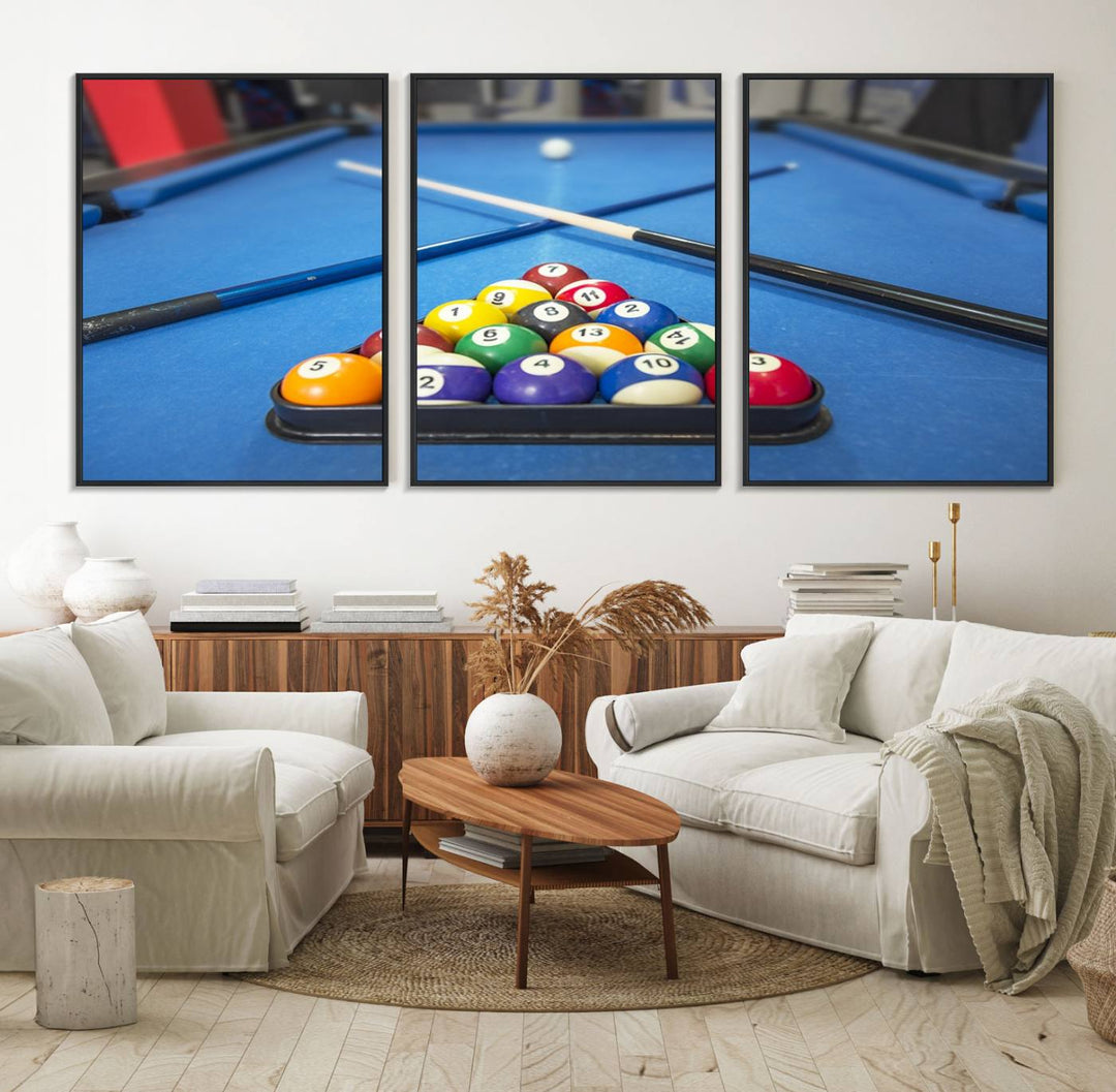 Billiard balls rack with crossed cues, ideal for large canvas wall art: Pool Games Canvas Print.