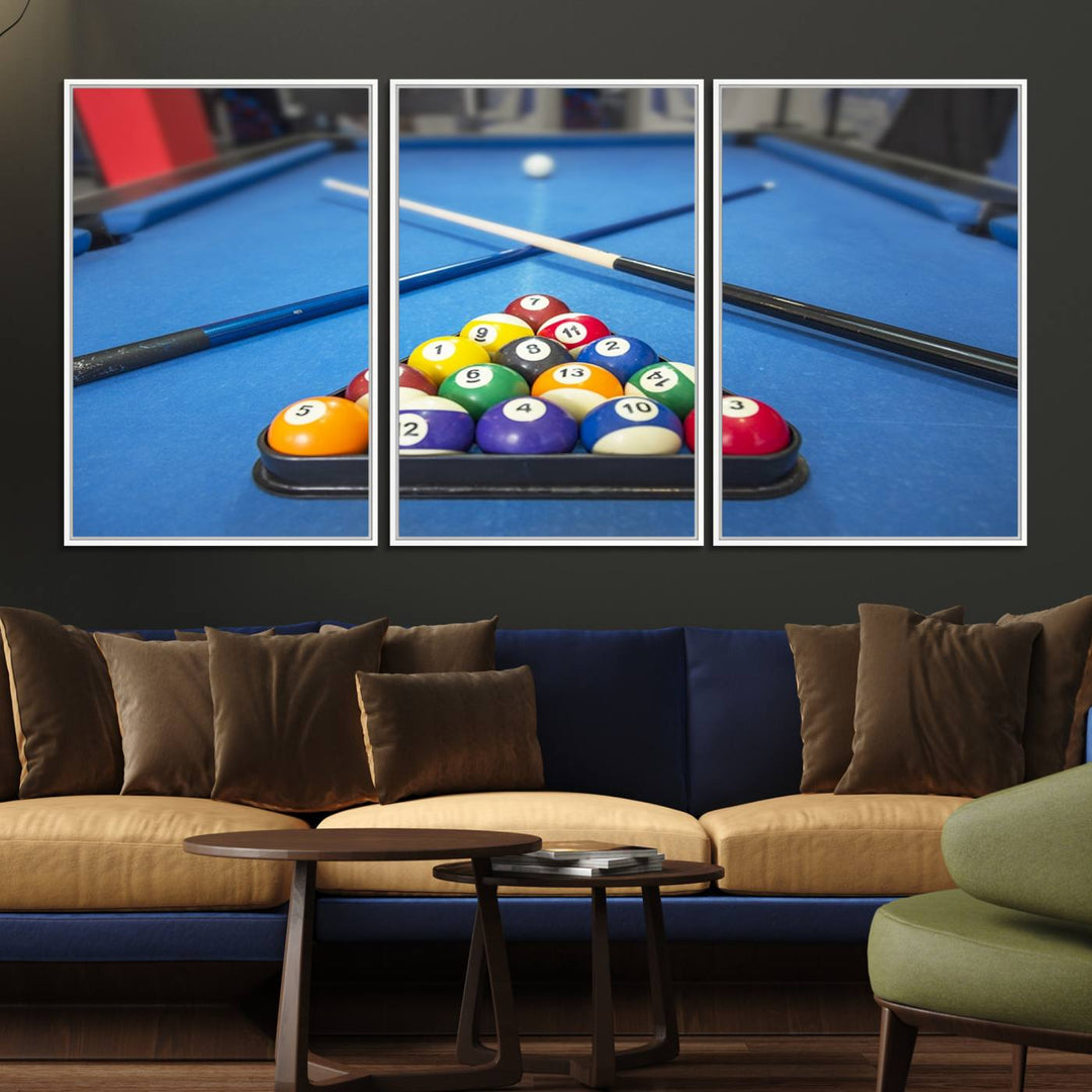 Billiard balls rack with crossed cues, ideal for large canvas wall art: Pool Games Canvas Print.