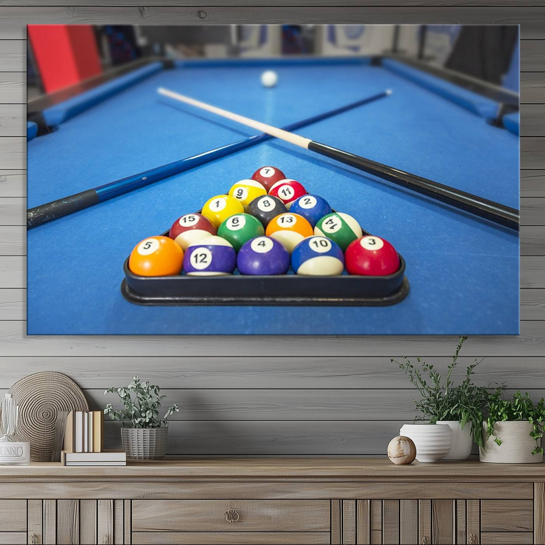 Billiard balls rack with crossed cues, ideal for large canvas wall art: Pool Games Canvas Print.