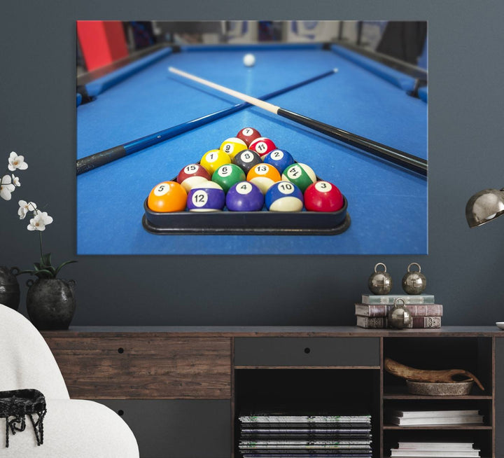 Billiard balls rack with crossed cues, ideal for large canvas wall art: Pool Games Canvas Print.