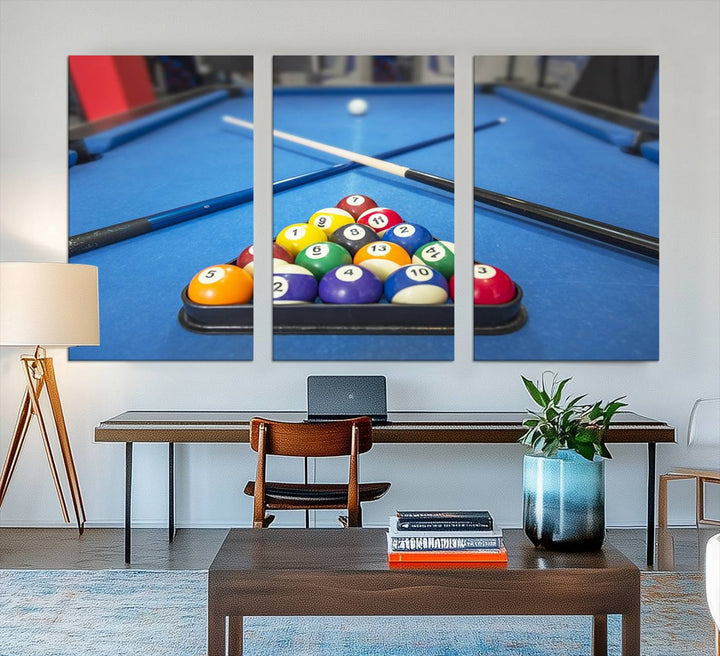 Billiard balls rack with crossed cues, ideal for large canvas wall art: Pool Games Canvas Print.