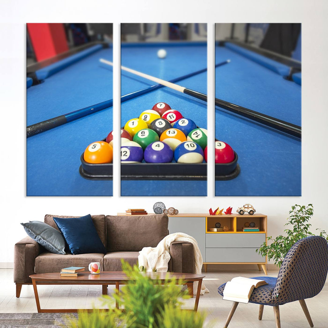 Billiard balls rack with crossed cues, ideal for large canvas wall art: Pool Games Canvas Print.