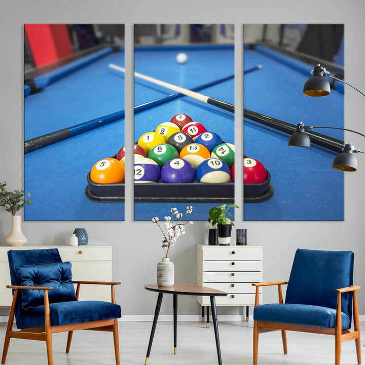 Billiard balls rack with crossed cues, ideal for large canvas wall art: Pool Games Canvas Print.