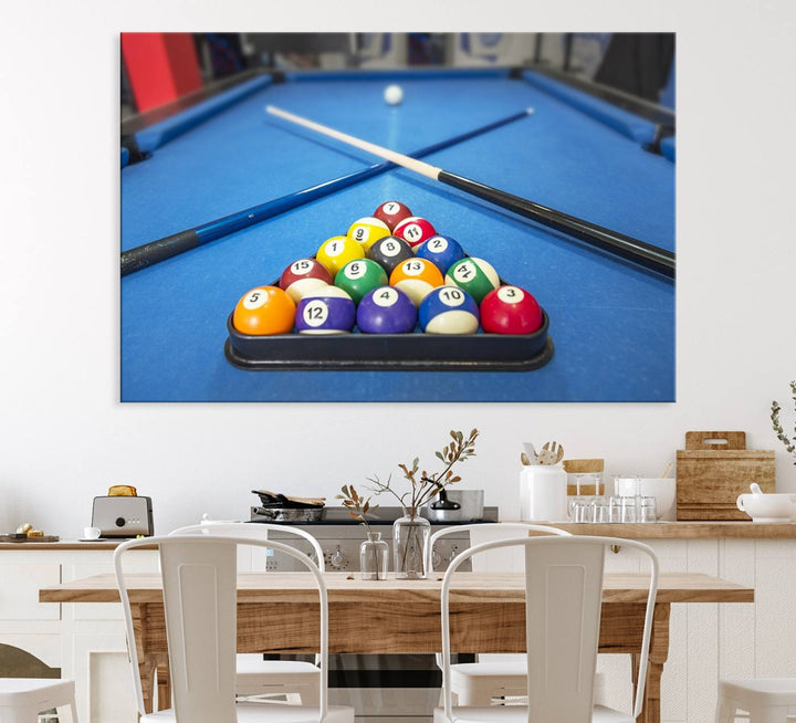 Billiard balls rack with crossed cues, ideal for large canvas wall art: Pool Games Canvas Print.