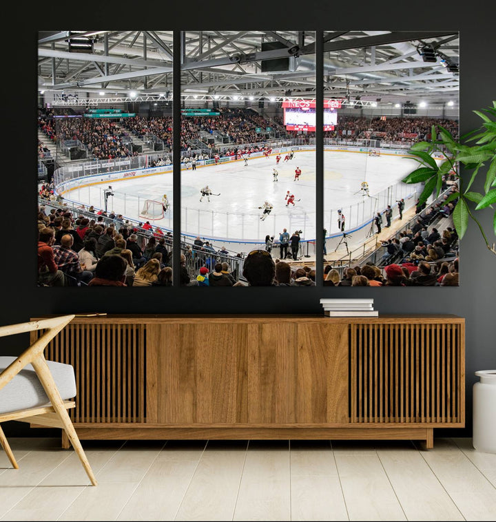 Fans peering through large windows can immerse themselves in a bustling ice hockey rink scene as vividly captured on the museum-quality Lausanne Arena Ice Hockey Stadium Wall Art Canvas Print. The intense energy and excitement of the game are brought to life in this stunning piece.