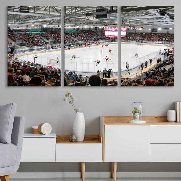 Fans peering through large windows can immerse themselves in a bustling ice hockey rink scene as vividly captured on the museum-quality Lausanne Arena Ice Hockey Stadium Wall Art Canvas Print. The intense energy and excitement of the game are brought to life in this stunning piece.