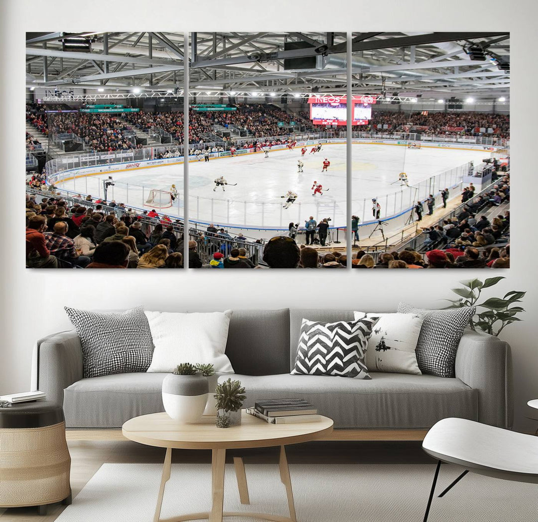 Fans peering through large windows can immerse themselves in a bustling ice hockey rink scene as vividly captured on the museum-quality Lausanne Arena Ice Hockey Stadium Wall Art Canvas Print. The intense energy and excitement of the game are brought to life in this stunning piece.