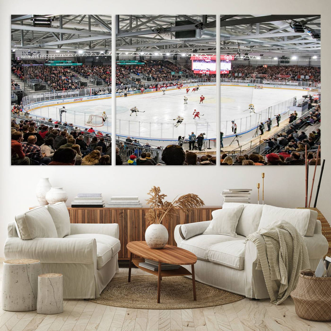 Fans peering through large windows can immerse themselves in a bustling ice hockey rink scene as vividly captured on the museum-quality Lausanne Arena Ice Hockey Stadium Wall Art Canvas Print. The intense energy and excitement of the game are brought to life in this stunning piece.