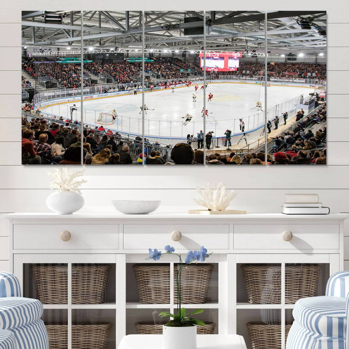 Fans peering through large windows can immerse themselves in a bustling ice hockey rink scene as vividly captured on the museum-quality Lausanne Arena Ice Hockey Stadium Wall Art Canvas Print. The intense energy and excitement of the game are brought to life in this stunning piece.