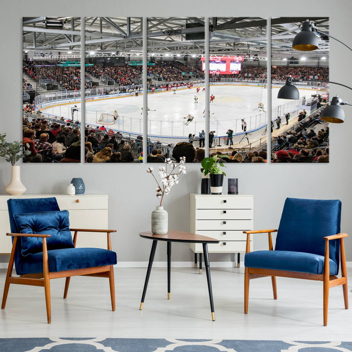 Fans peering through large windows can immerse themselves in a bustling ice hockey rink scene as vividly captured on the museum-quality Lausanne Arena Ice Hockey Stadium Wall Art Canvas Print. The intense energy and excitement of the game are brought to life in this stunning piece.