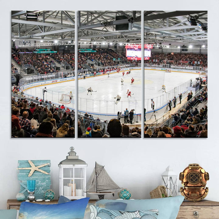 Fans peering through large windows can immerse themselves in a bustling ice hockey rink scene as vividly captured on the museum-quality Lausanne Arena Ice Hockey Stadium Wall Art Canvas Print. The intense energy and excitement of the game are brought to life in this stunning piece.