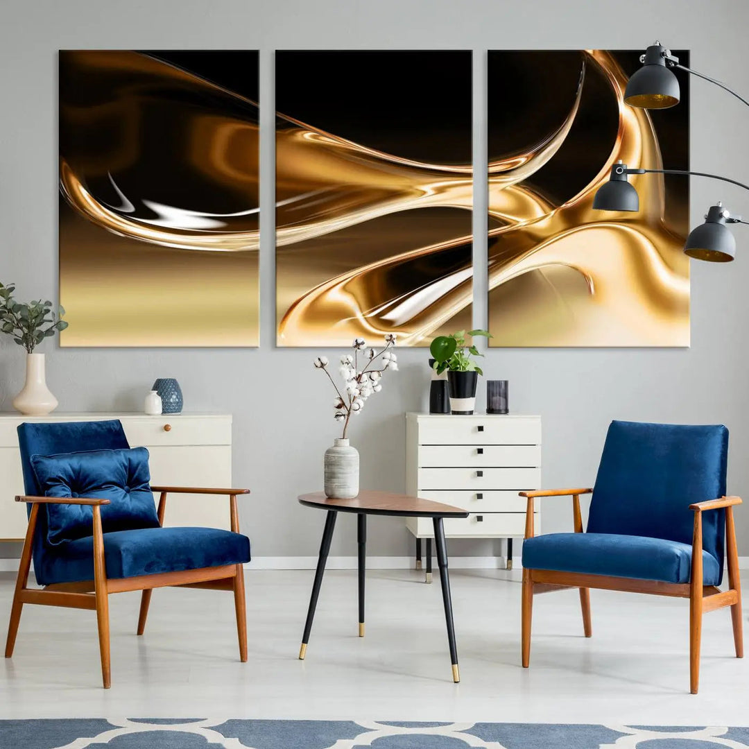 A modern living room features the Liquid Glittered Luxury Gold Canvas Wall Art Print, showcasing abstract art on a museum-quality canvas.