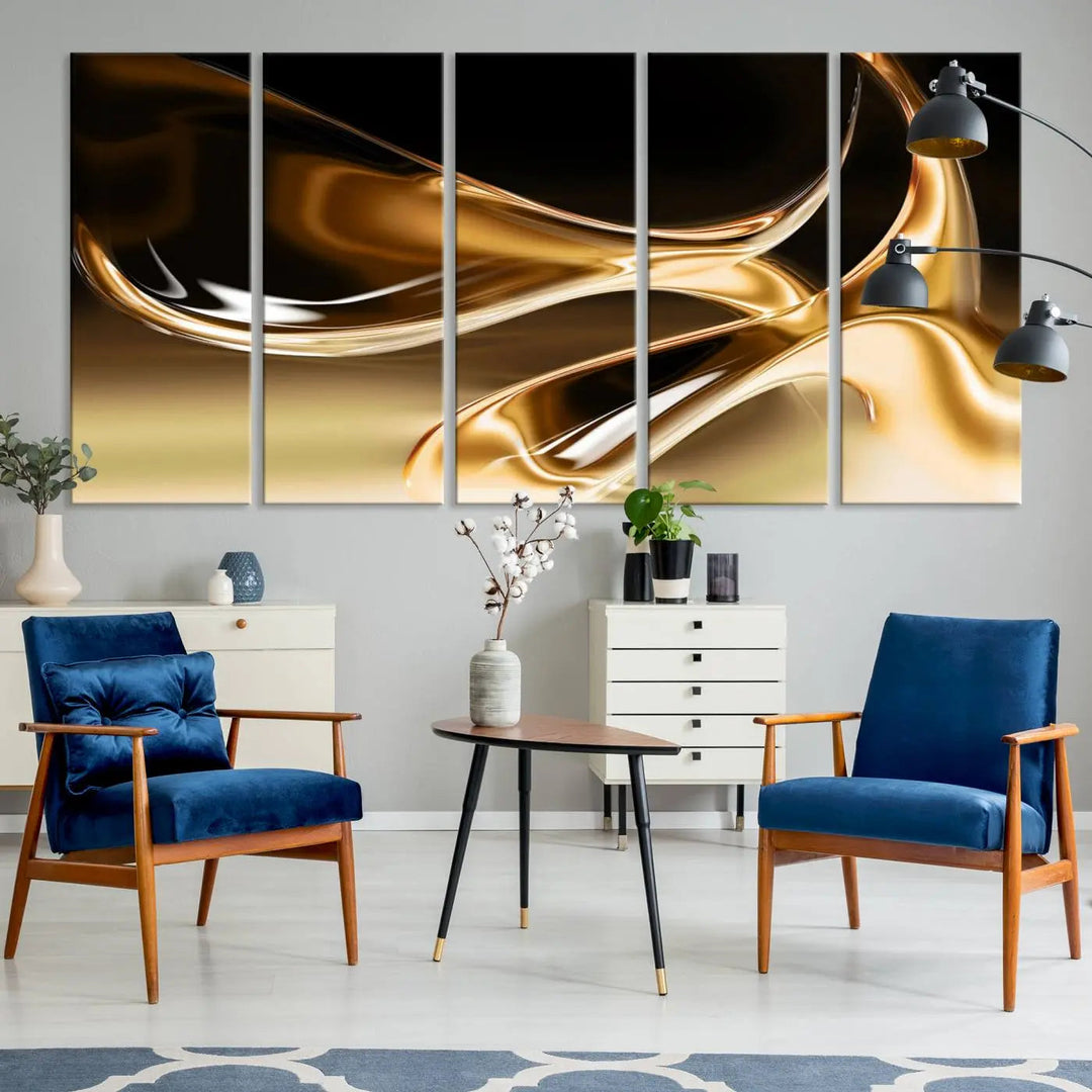 A modern living room features the Liquid Glittered Luxury Gold Canvas Wall Art Print, showcasing abstract art on a museum-quality canvas.