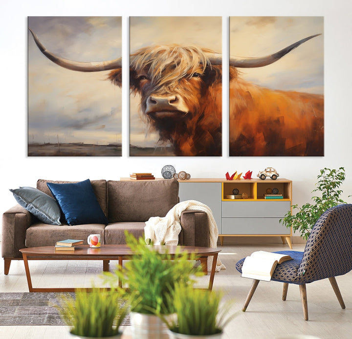 Triptych canvas wall art featuring a majestic abstract Highland longhorn cow with long horns and a flowing coat, set against a serene, natural backdrop.