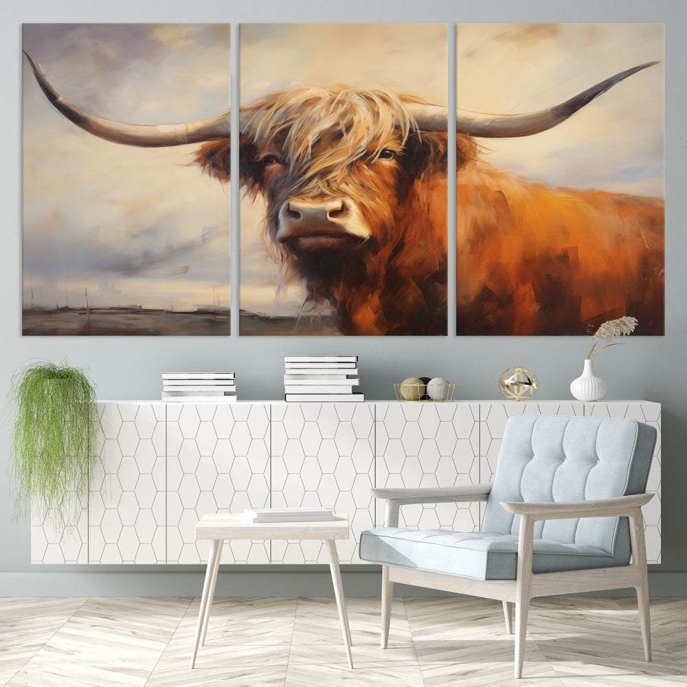 Triptych canvas wall art featuring a majestic abstract Highland longhorn cow with long horns and a flowing coat, set against a serene, natural backdrop.